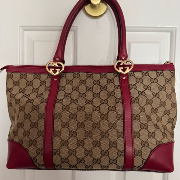 Gucci GG Canvas Heart Tote, Leather Red Trim, Heart Champagne GH, Canvas - Picture 2 of 11